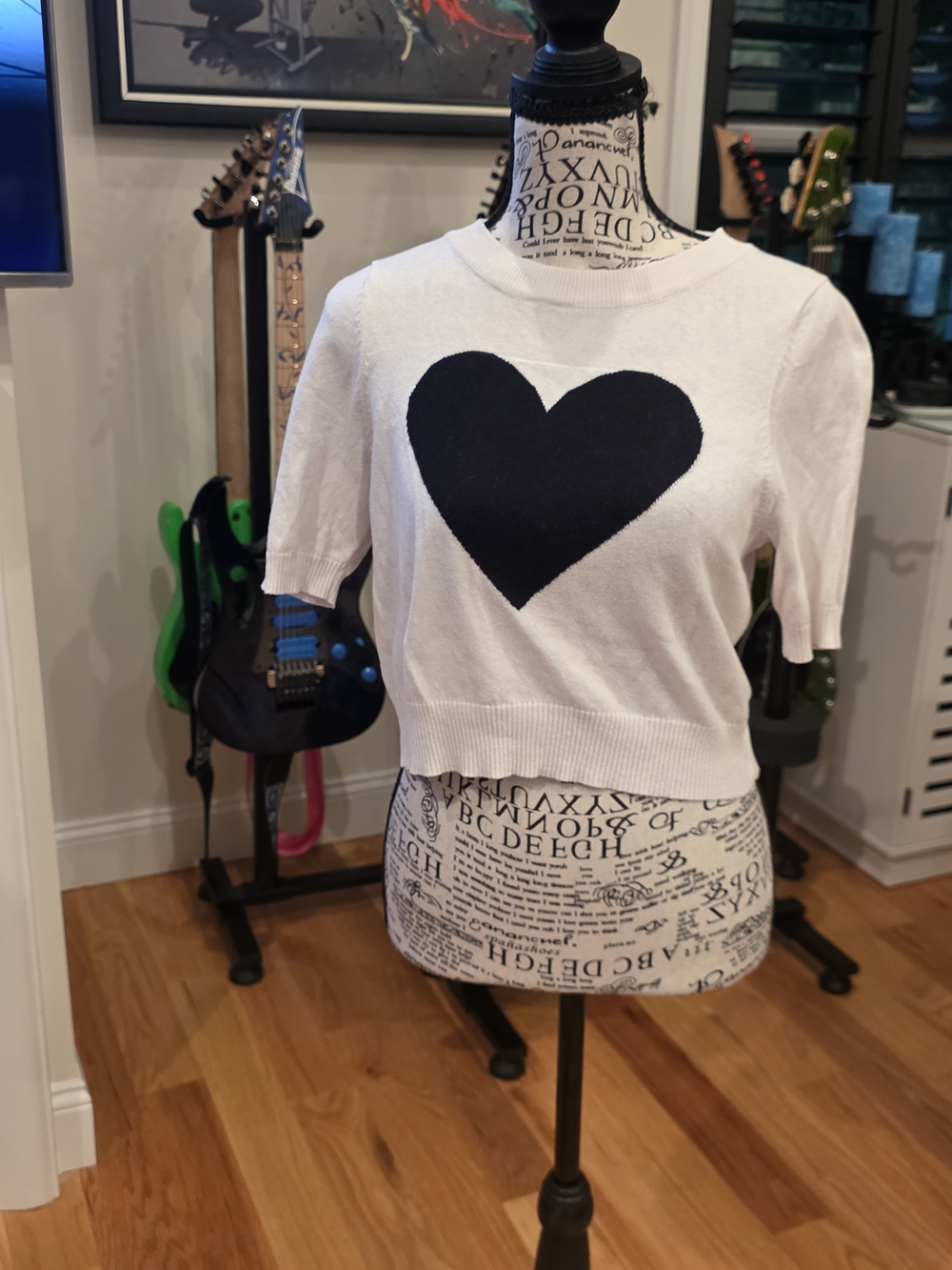 POL Short Sleeve Crop Sweater in White with Black Heart